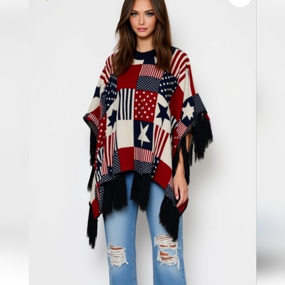 GM Women's Classic American Design Pullover Knitted Poncho Wrap Cape One Size - Picture 1 of 10